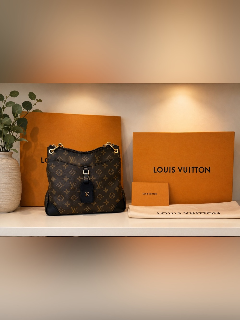 Louis Vuitton Monogram Odeon Shoulder Bag with Black Leather Trim